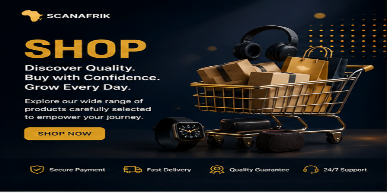 ScanAfrik online shop banner featuring digital and physical products for African learning and business growth