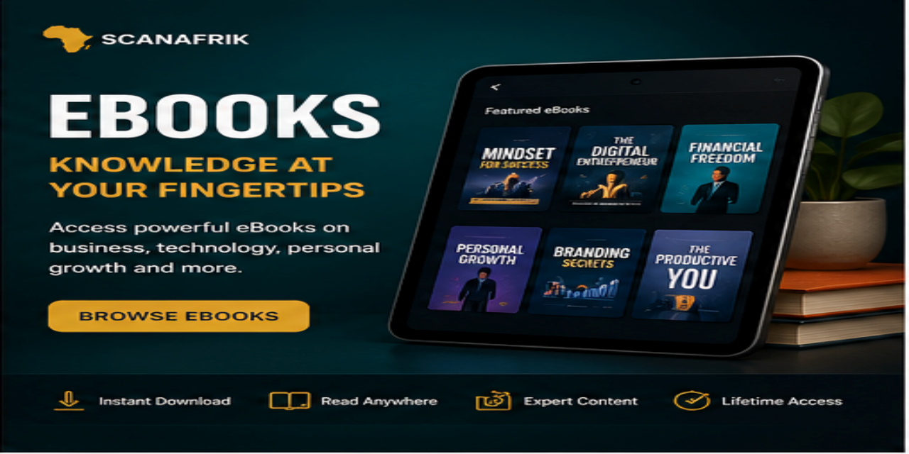 ScanAfrik eBooks platform displaying digital books on business, technology, and personal development