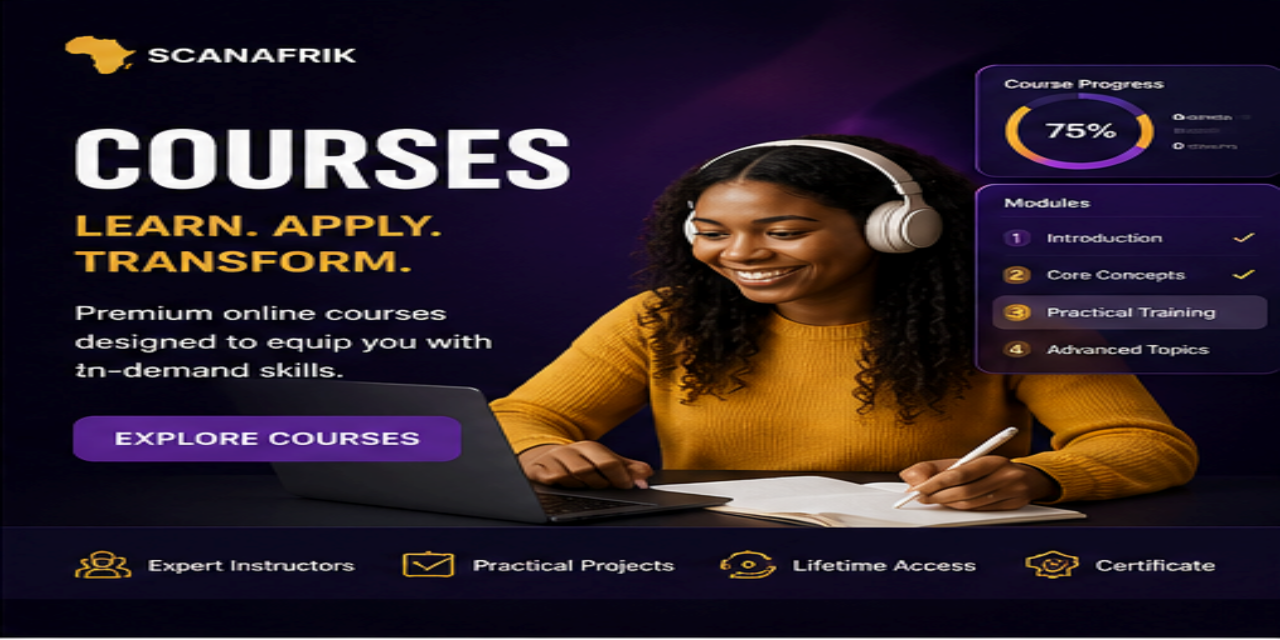 Online courses platform showing a student learning with laptop and course progress dashboard