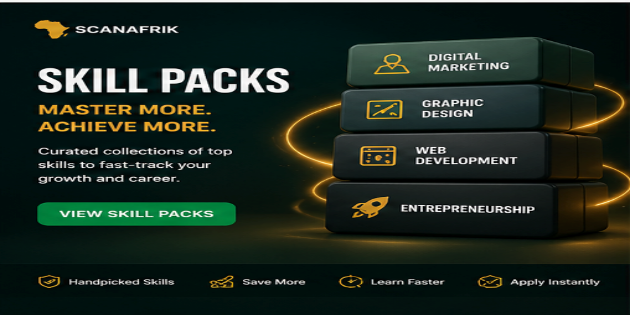 Skill packs bundles showing digital marketing, graphic design, and web development learning modules