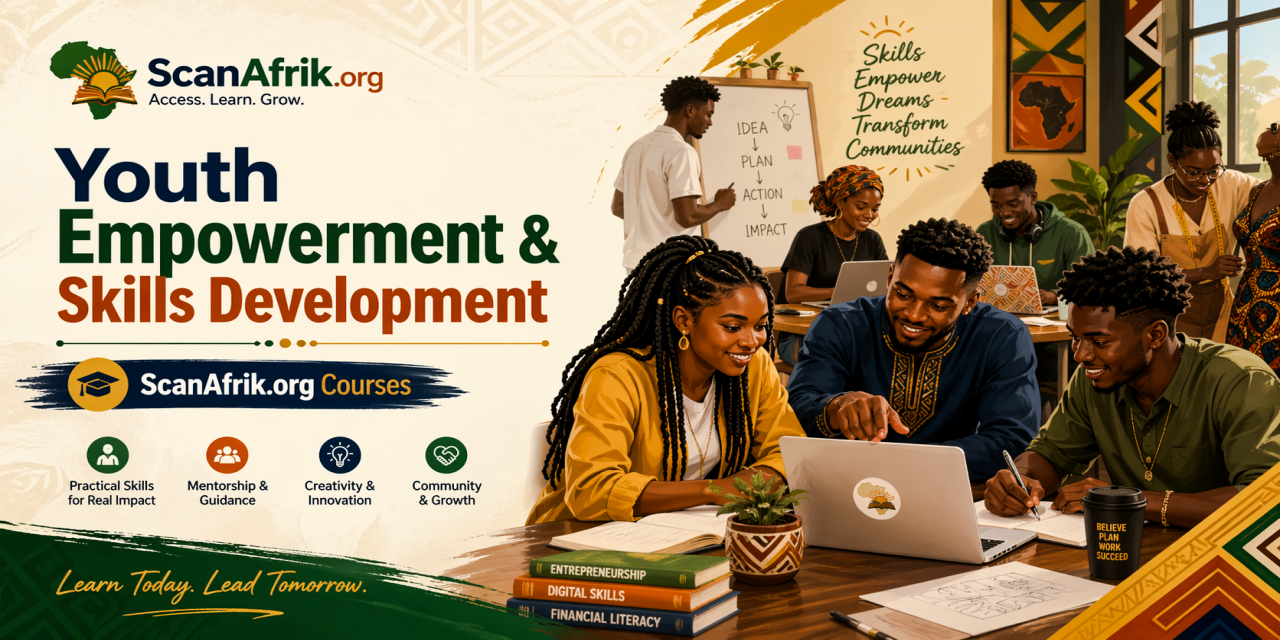 Youth Empowerment and Skills Development course banner showing young Africans learning together with laptops, notebooks, mentoring, and practical skills training.