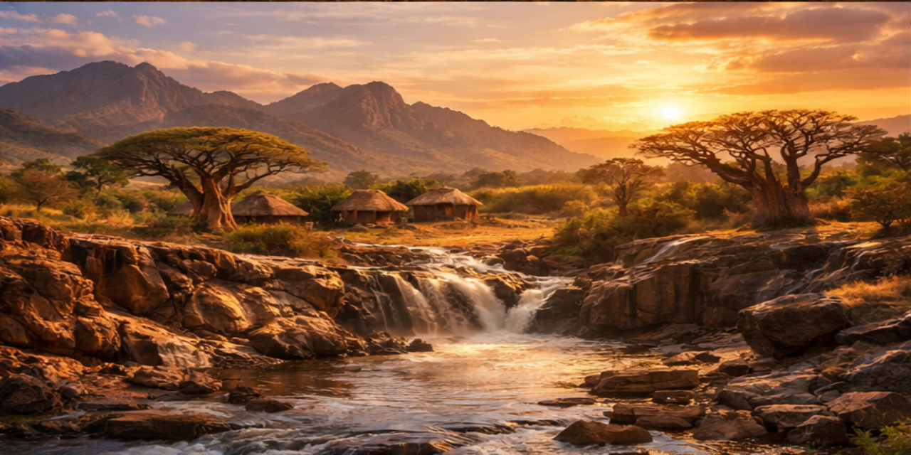 Rocky African landscape with waterfall, baobab trees, village huts, and mountains at sunset