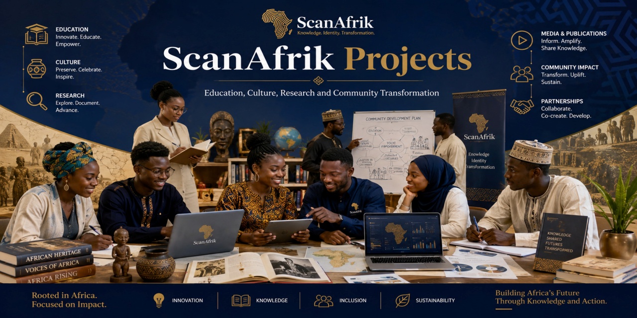 ScanAfrik Projects banner showing African educators, researchers, youth leaders and community innovators collaborating on education, culture, research and community transformation.